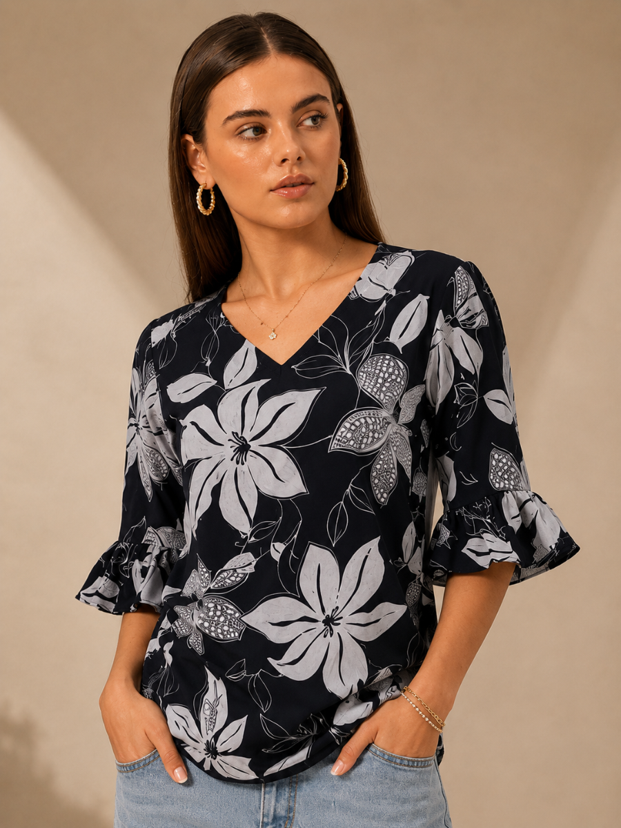 Picture of Black White Floral Bell Sleeve Top