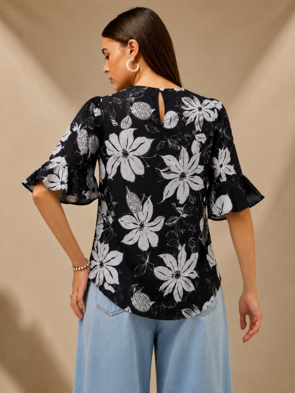 Picture of Black White Floral Bell Sleeve Top