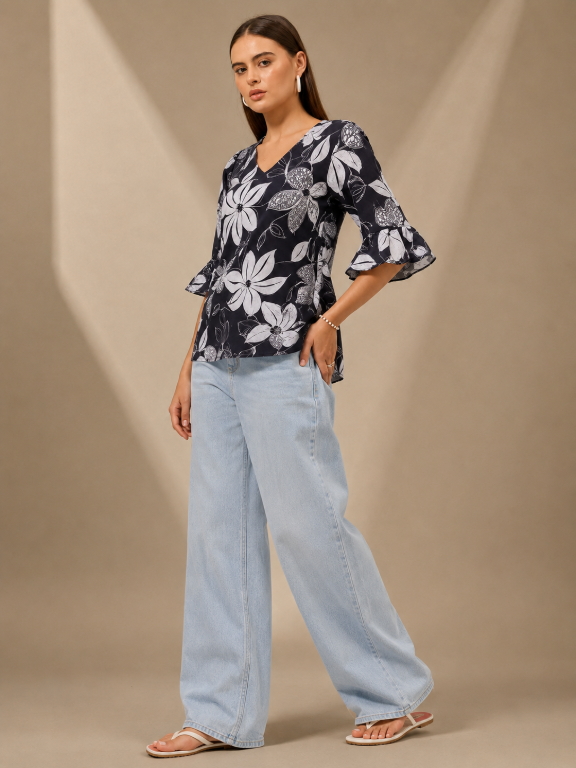 Picture of Black White Floral Bell Sleeve Top