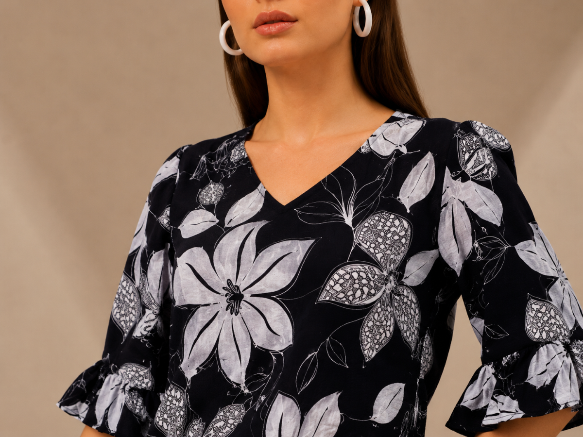 Picture of Black White Floral Bell Sleeve Top
