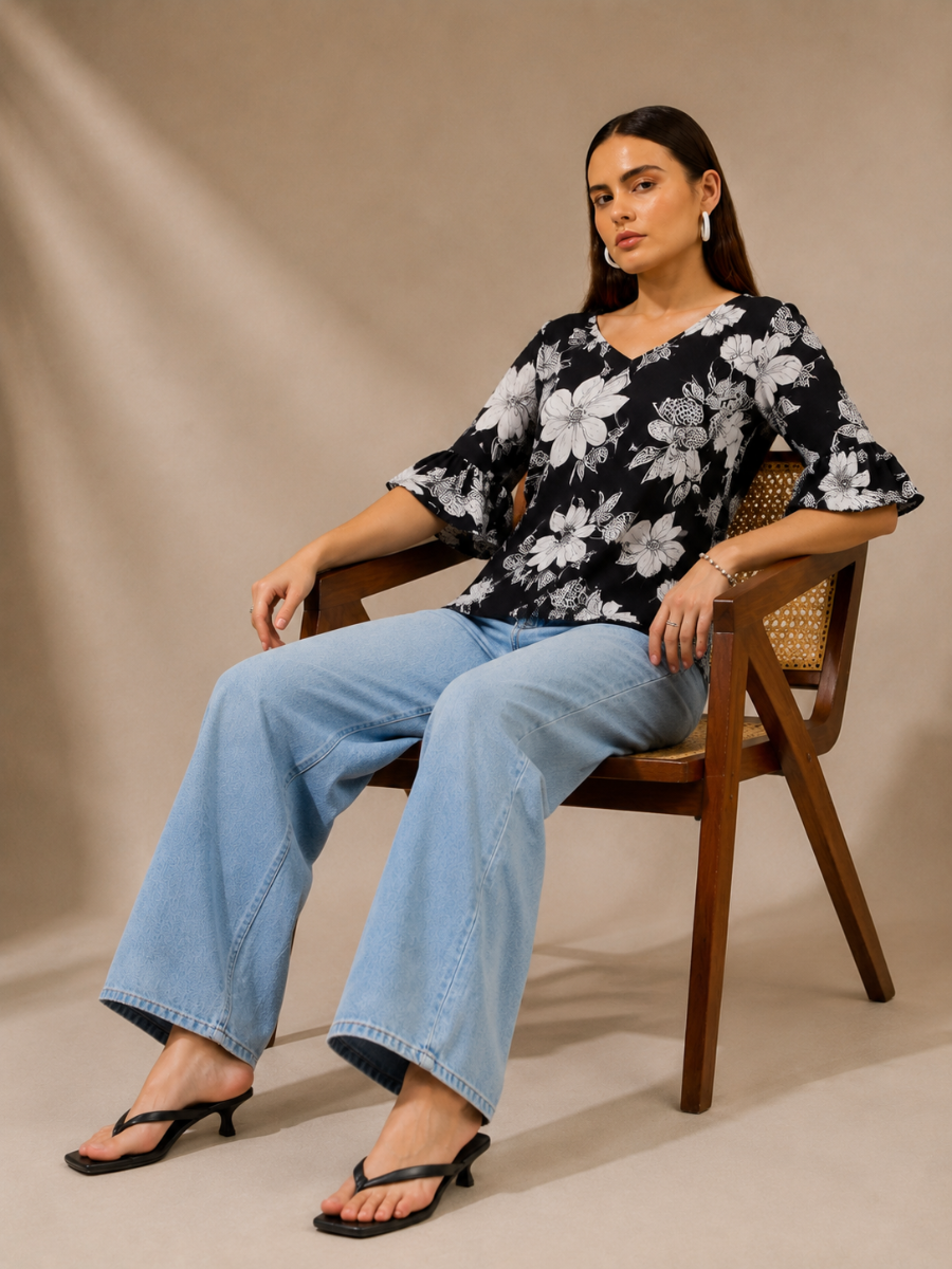 Picture of Black White Floral Bell Sleeve Top