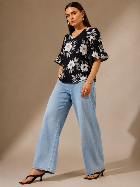 Picture of Black White Floral Bell Sleeve Top