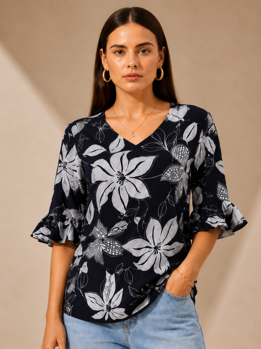 Picture of Black White Floral Bell Sleeve Top