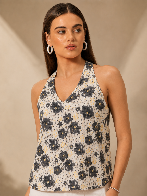 Picture of Floral Halter Neck Lace-Up Top