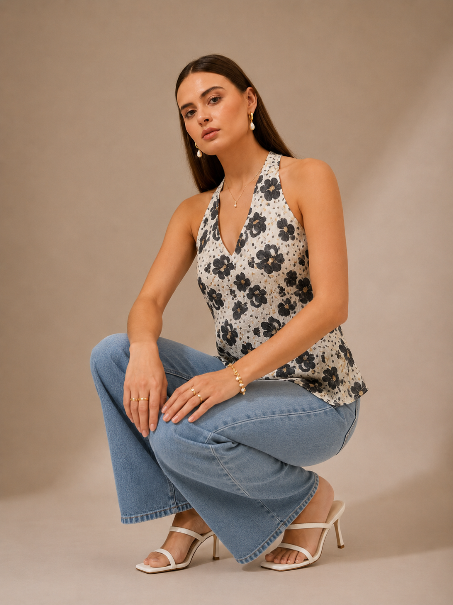 Picture of Floral Halter Neck Lace-Up Top
