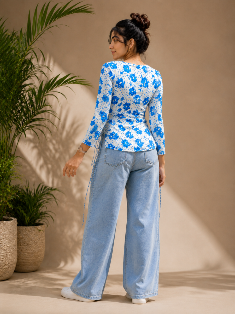 Picture of Blue Floral Sweetheart Neck Lace-Up Top