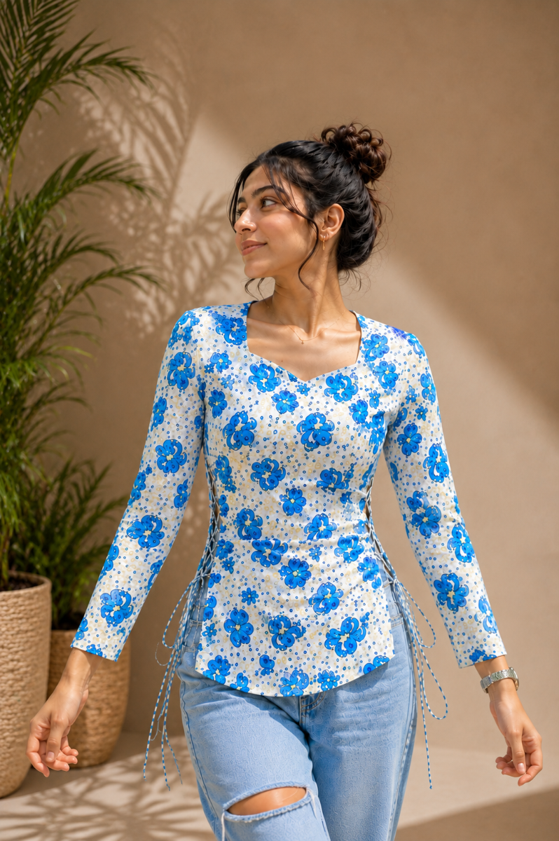 Picture of Blue Floral Sweetheart Neck Lace-Up Top