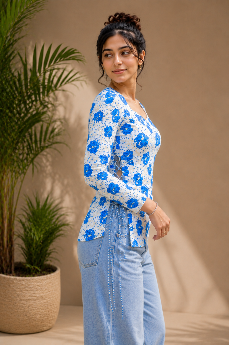 Picture of Blue Floral Sweetheart Neck Lace-Up Top