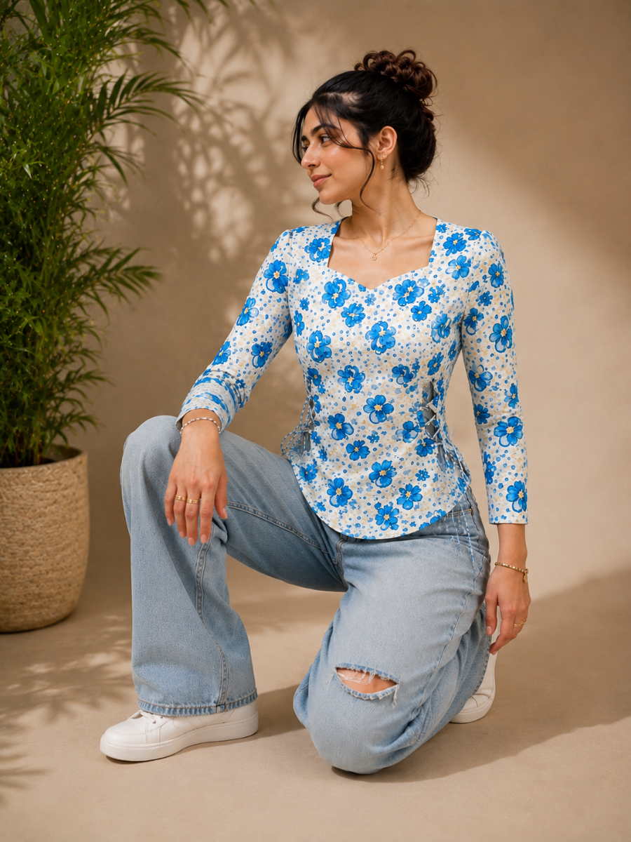 Picture of Blue Floral Sweetheart Neck Lace-Up Top