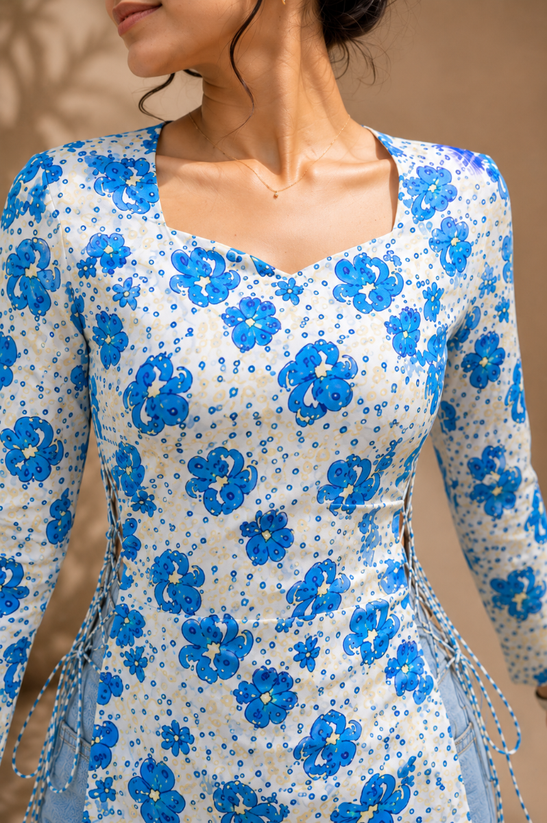Picture of Blue Floral Sweetheart Neck Lace-Up Top