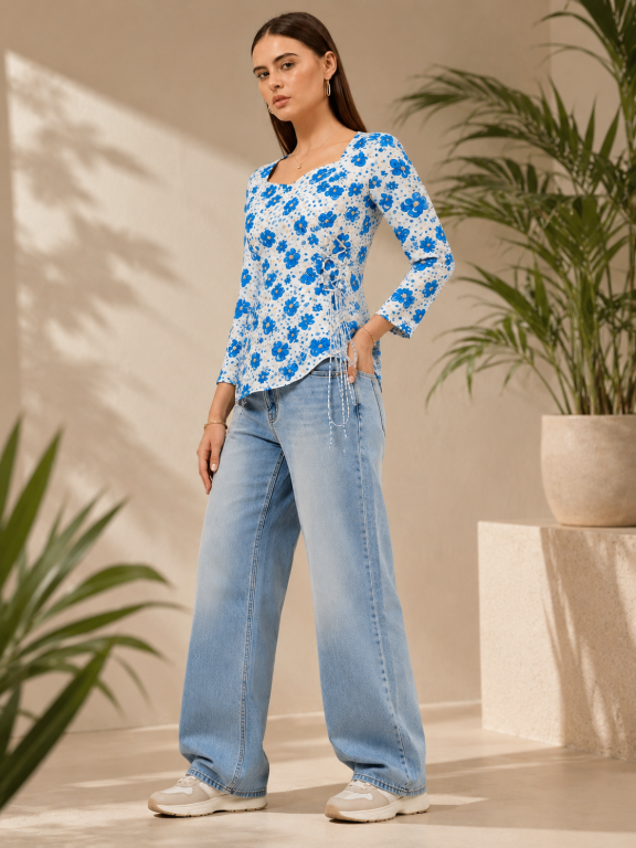 Picture of Blue Floral Sweetheart Neck Lace-Up Top
