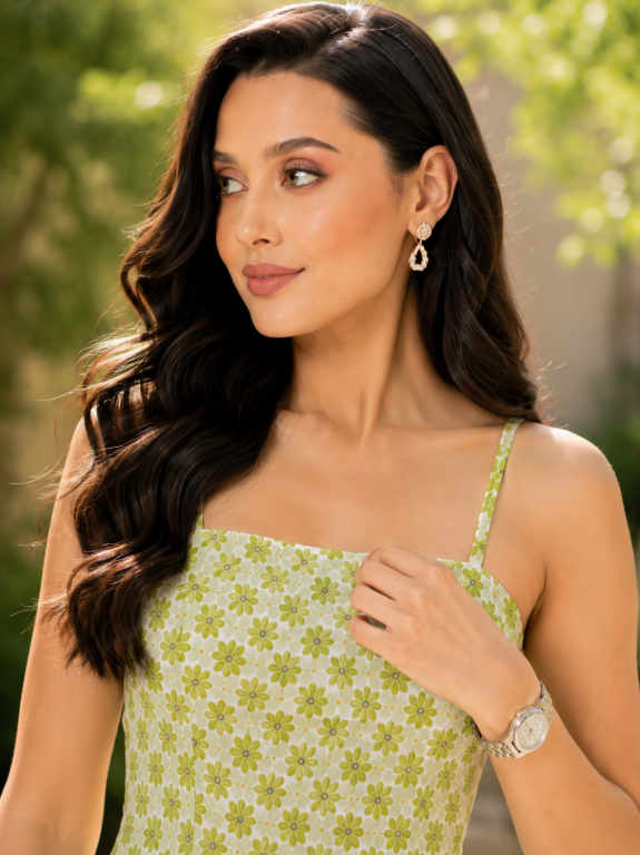 Picture of Green Floral Square Neck Lace-Up Tunic