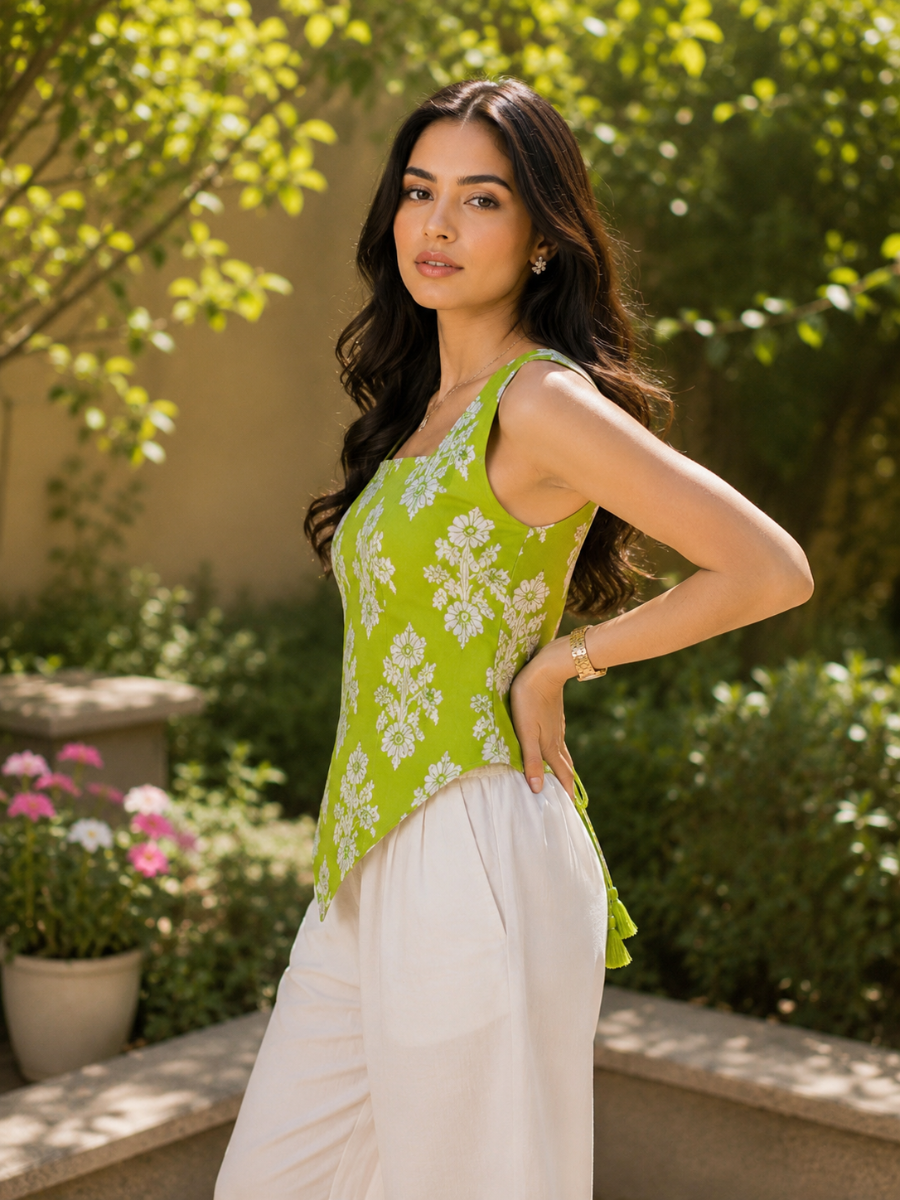 Picture of Green Floral Block Print Lace-Up Top