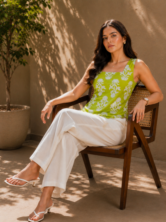 Picture of Green Floral Block Print Lace-Up Top