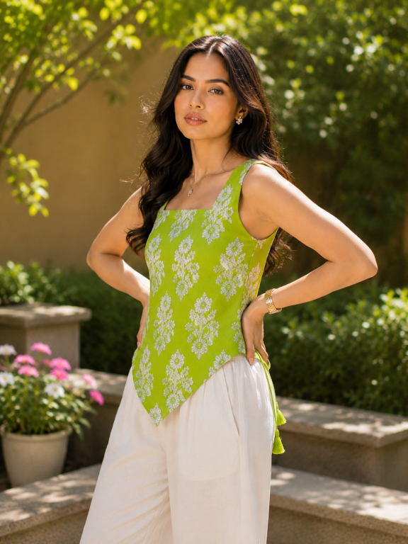 Picture of Green Floral Block Print Lace-Up Top
