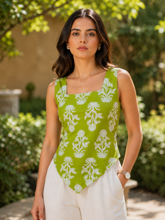 Picture of Green Floral Block Print Lace-Up Top