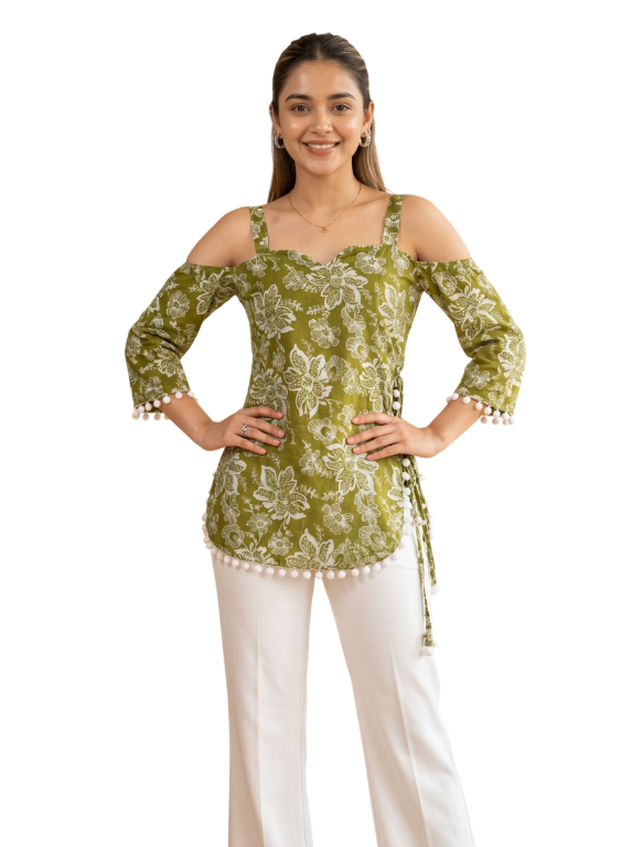 Picture of Olive Green Floral Cold Shoulder Tunic