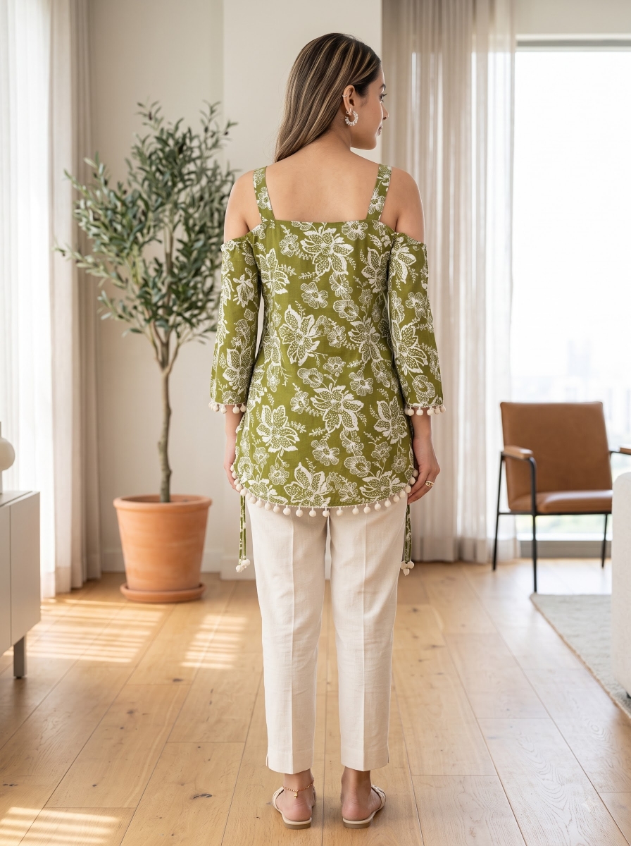 Picture of Olive Green Floral Cold Shoulder Tunic