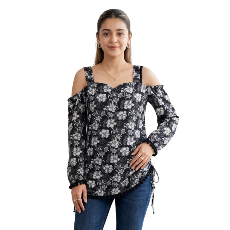 Picture of Black Floral Cold Shoulder Tunic Top
