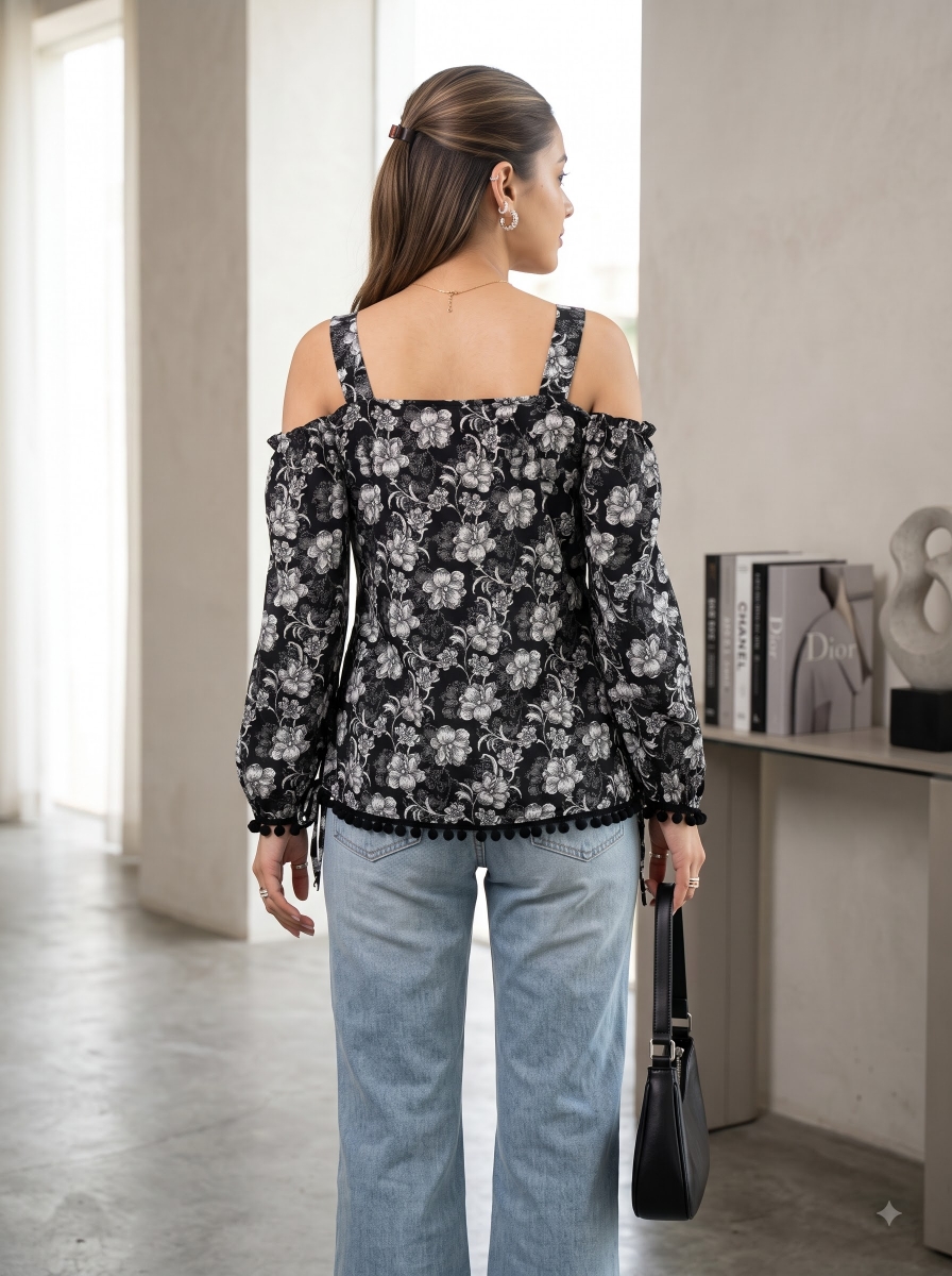 Picture of Black Floral Cold Shoulder Tunic Top