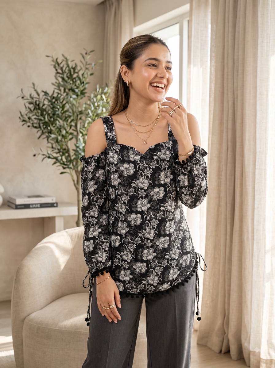 Picture of Black Floral Cold Shoulder Tunic Top
