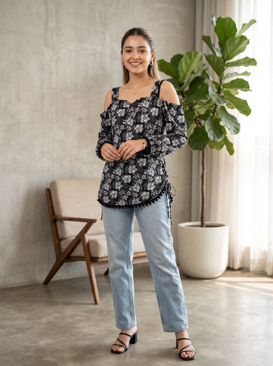 Picture of Black Floral Cold Shoulder Tunic Top