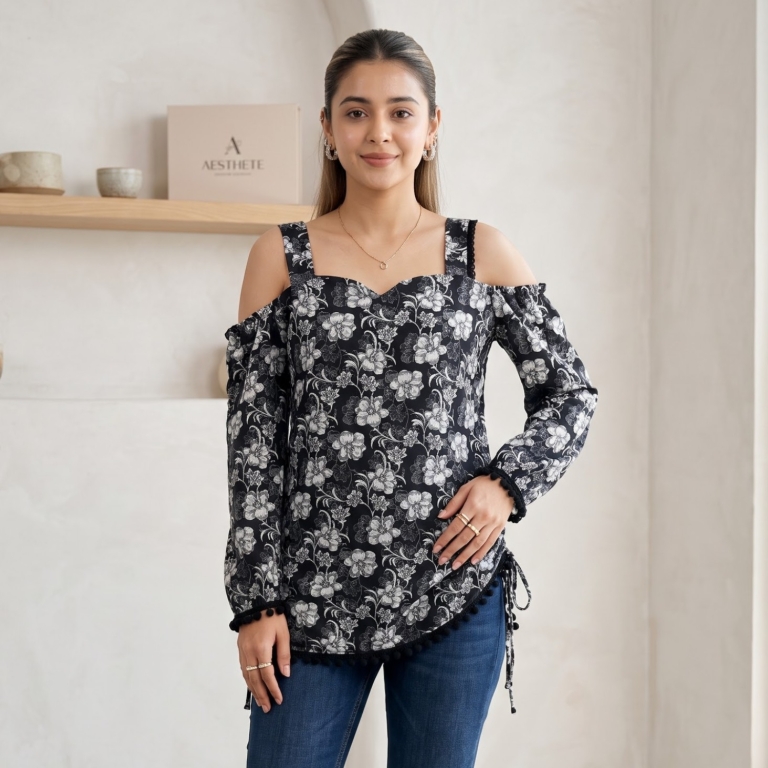 Picture of Black Floral Cold Shoulder Tunic Top