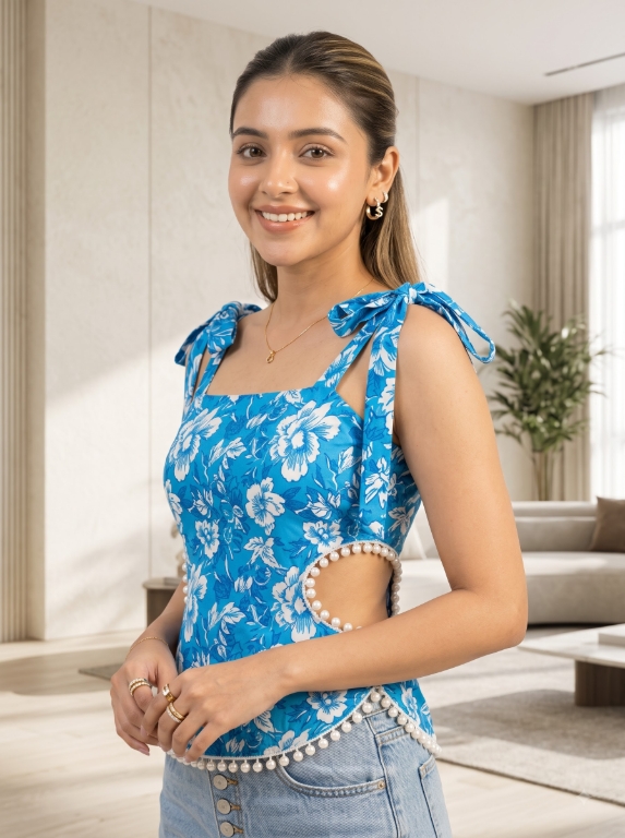Picture of Blue Floral Pearl Trim Tie-Strap Top