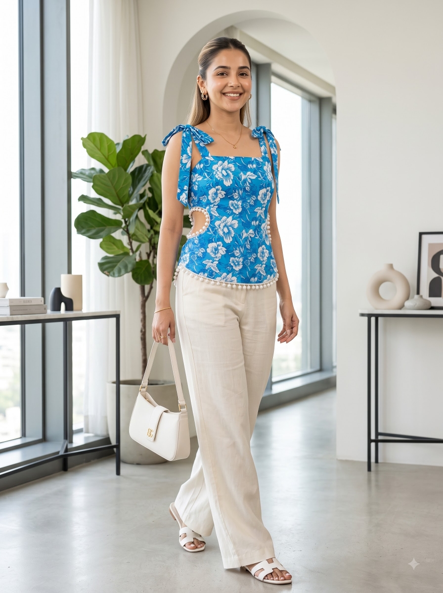 Picture of Blue Floral Pearl Trim Tie-Strap Top