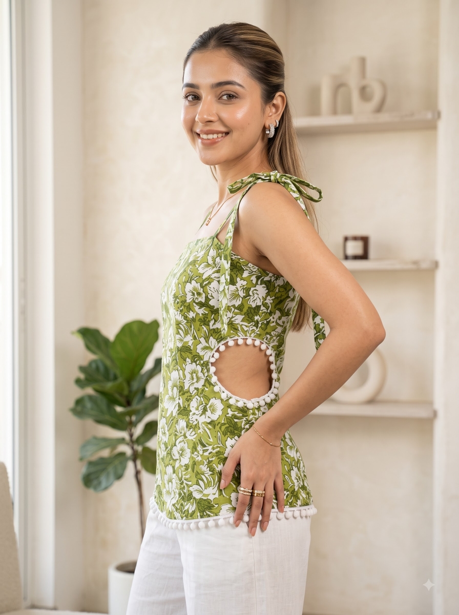 Picture of Green Floral Pearl Trim Tie-Strap Top