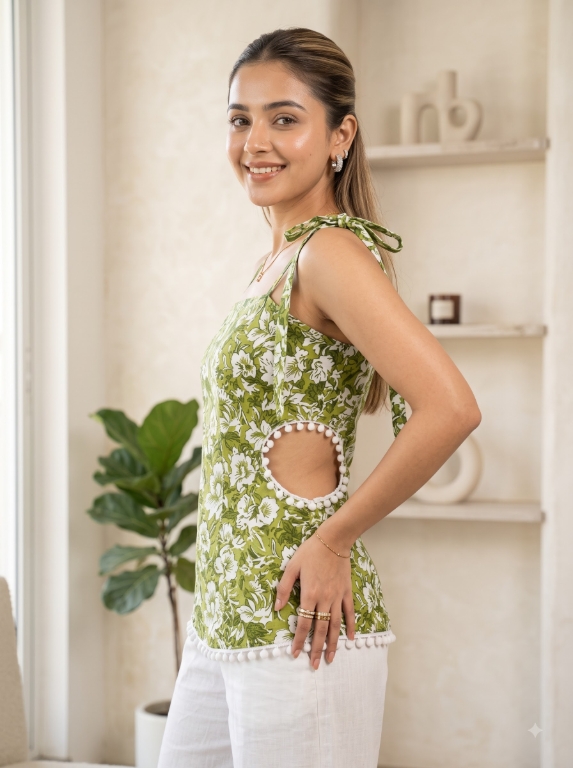 Picture of Green Floral Pearl Trim Tie-Strap Top