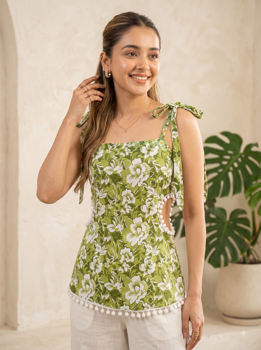 Picture of Green Floral Pearl Trim Tie-Strap Top