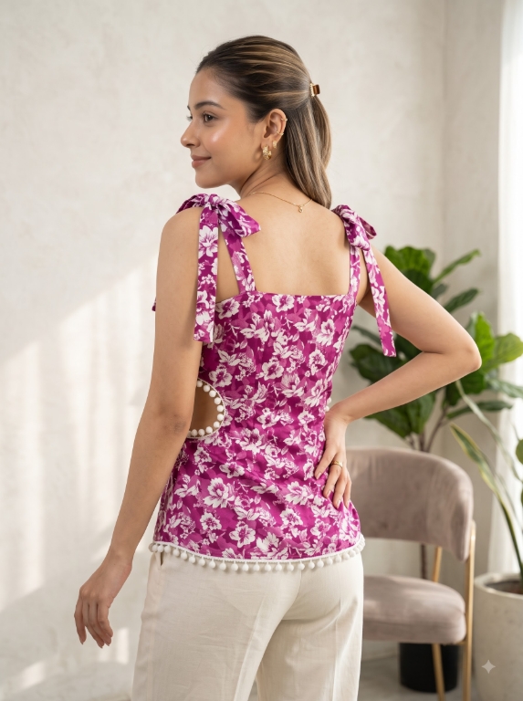 Picture of Purple Floral Pearl Trim Tie-Strap Top