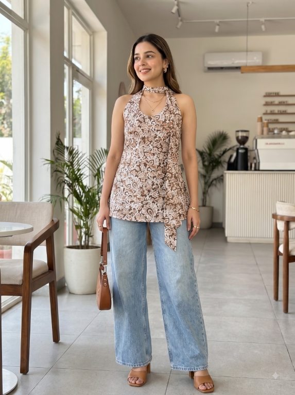 Picture of Brown Floral Digital Print Halter Top