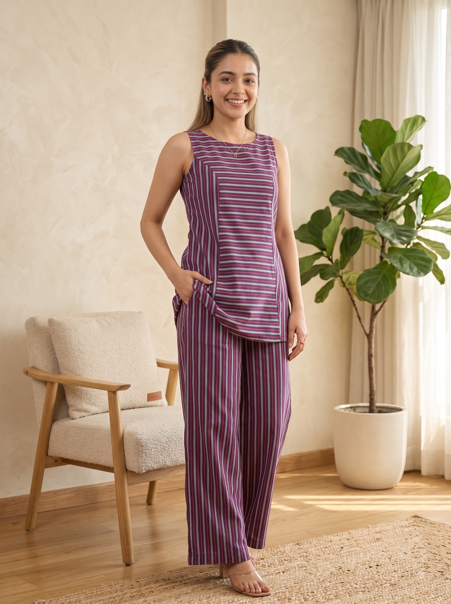 Picture of Maroon Striped Sleeveless Co-Ord Set