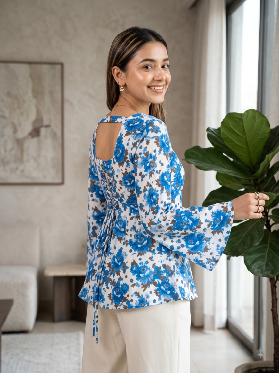 Picture of Blue Floral Square Neck Lace-Up Top