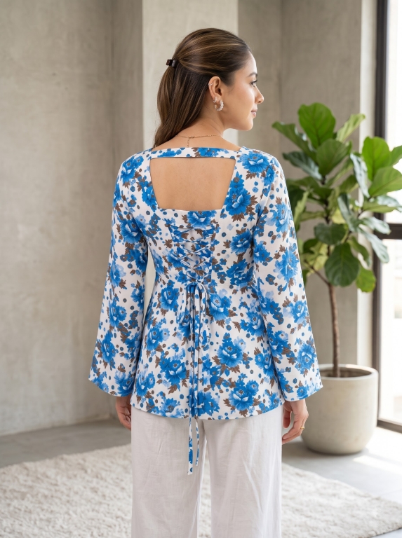Picture of Blue Floral Square Neck Lace-Up Top