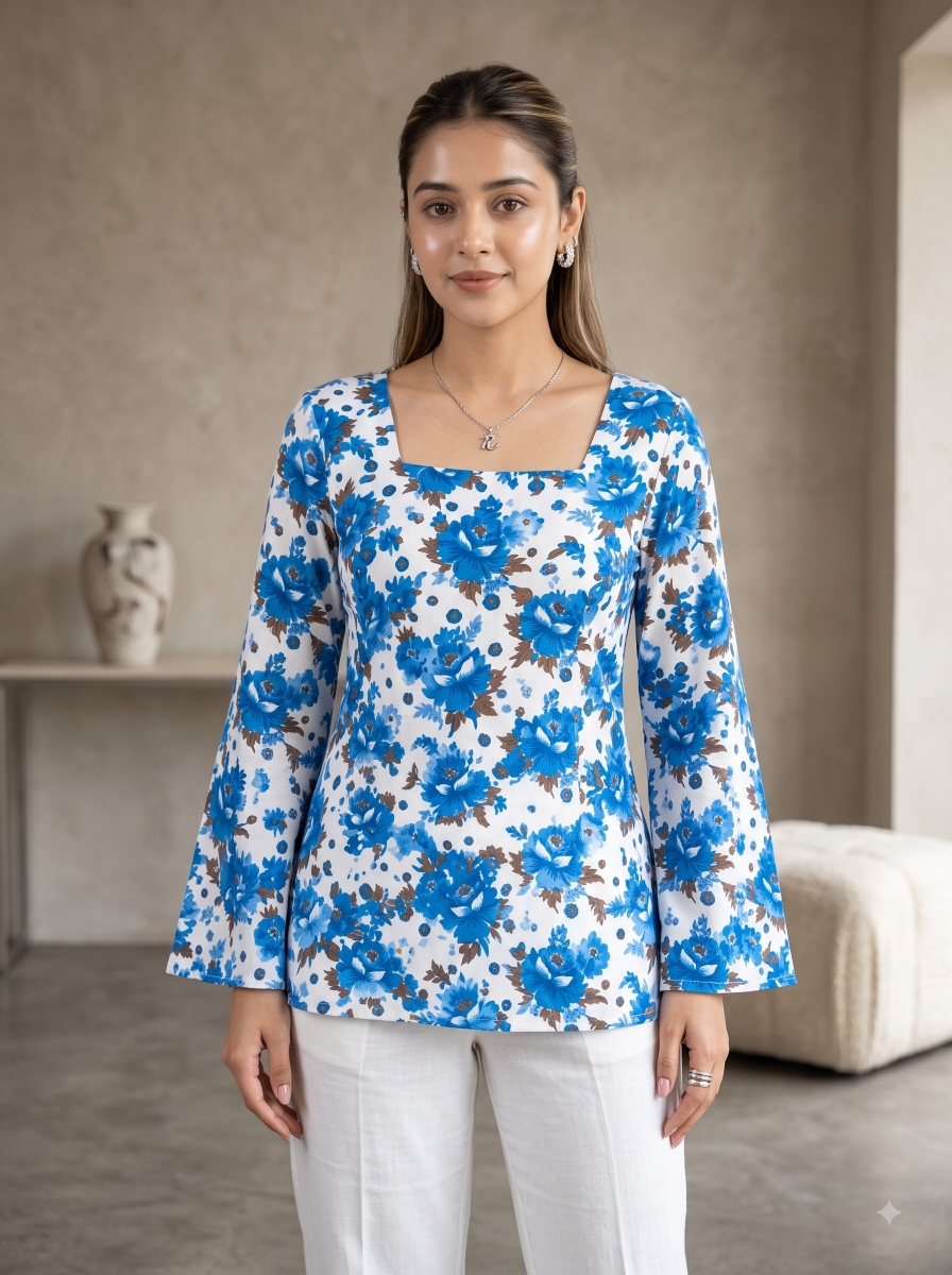 Picture of Blue Floral Square Neck Lace-Up Top