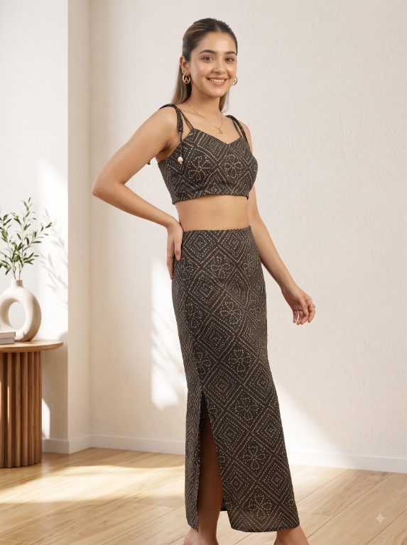 Picture of Black Gold Printed Crop Top Skirt Set