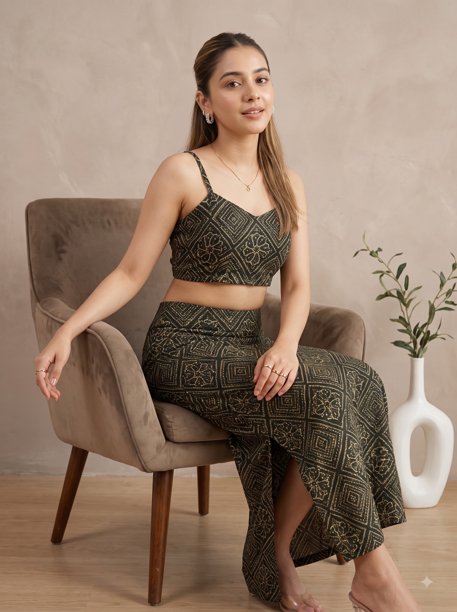 Picture of Black Gold Printed Crop Top Skirt Set