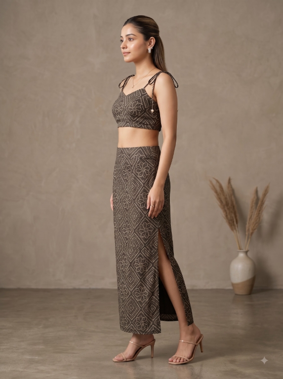 Picture of Black Gold Printed Crop Top Skirt Set