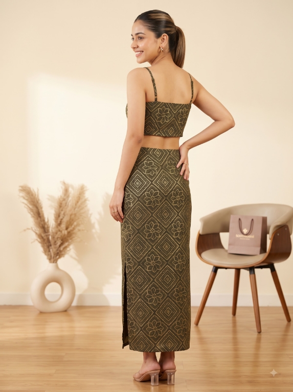 Picture of Black Gold Printed Crop Top Skirt Set