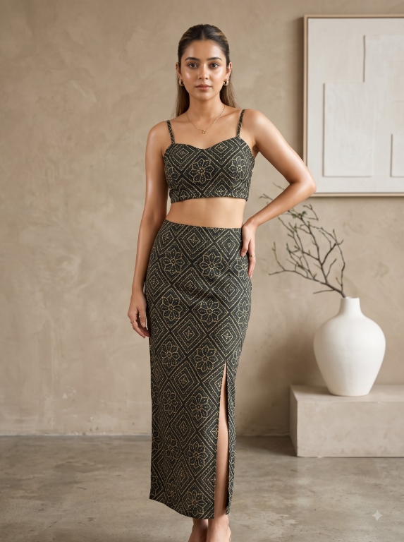 Picture of Black Gold Printed Crop Top Skirt Set