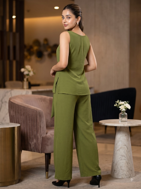 Picture of Olive Green Sleeveless Tie-Waist Jumpsuit