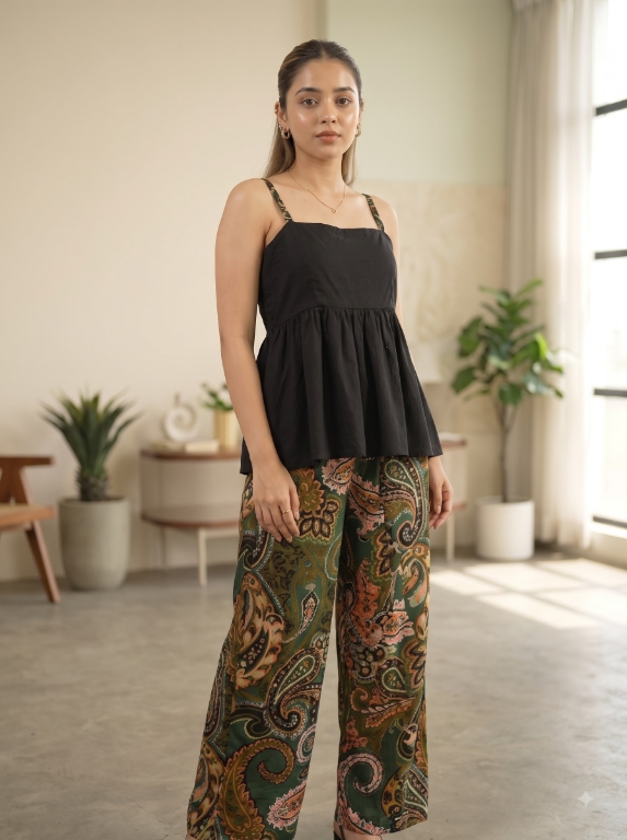 Picture of Black Peplum Top Paisley Pants Set