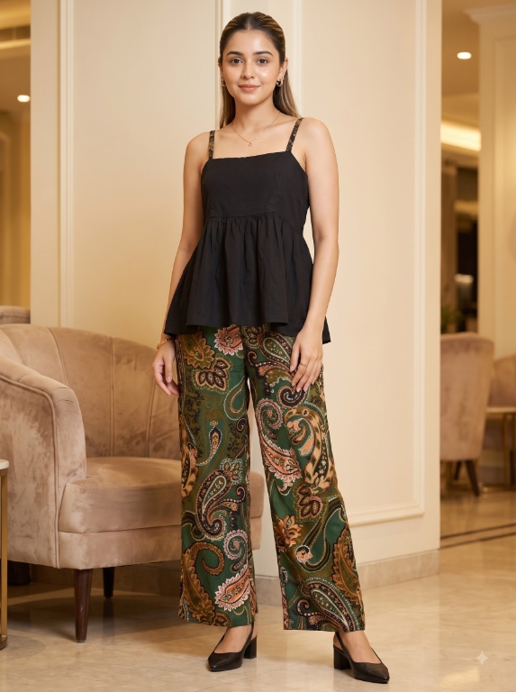 Picture of Black Peplum Top Paisley Pants Set