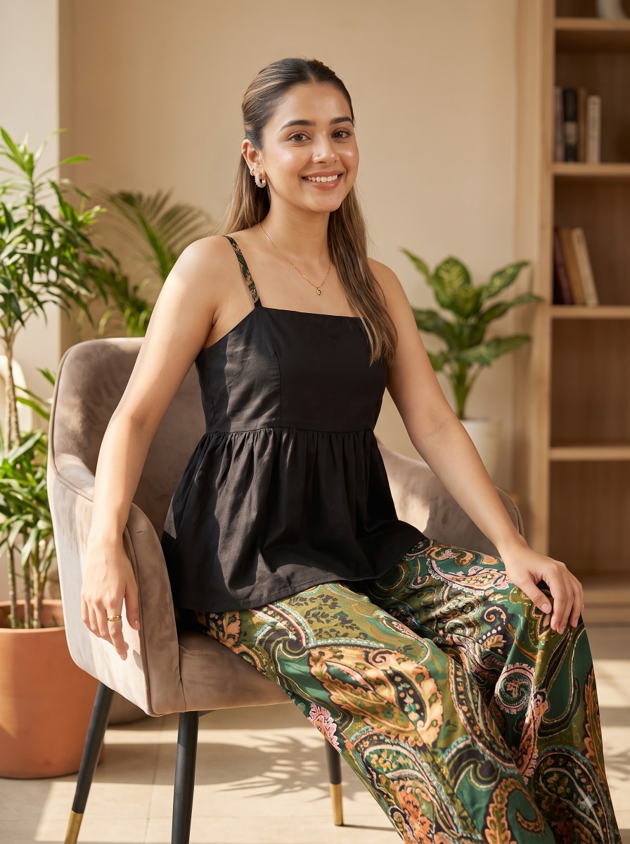 Picture of Black Peplum Top Paisley Pants Set