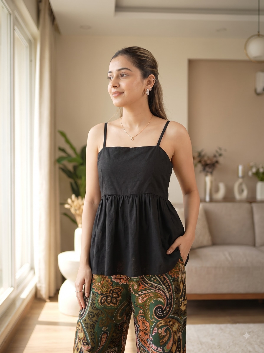 Picture of Black Peplum Top Paisley Pants Set