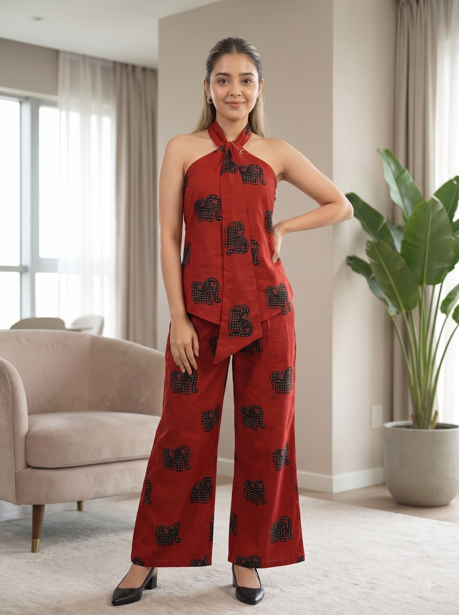 Picture of Red Elephant Print Halter Top Pants Set