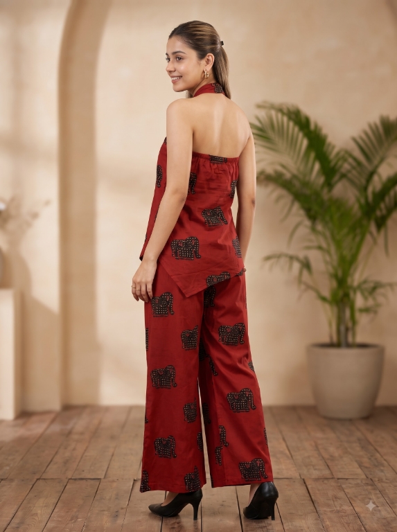 Picture of Red Elephant Print Halter Top Pants Set
